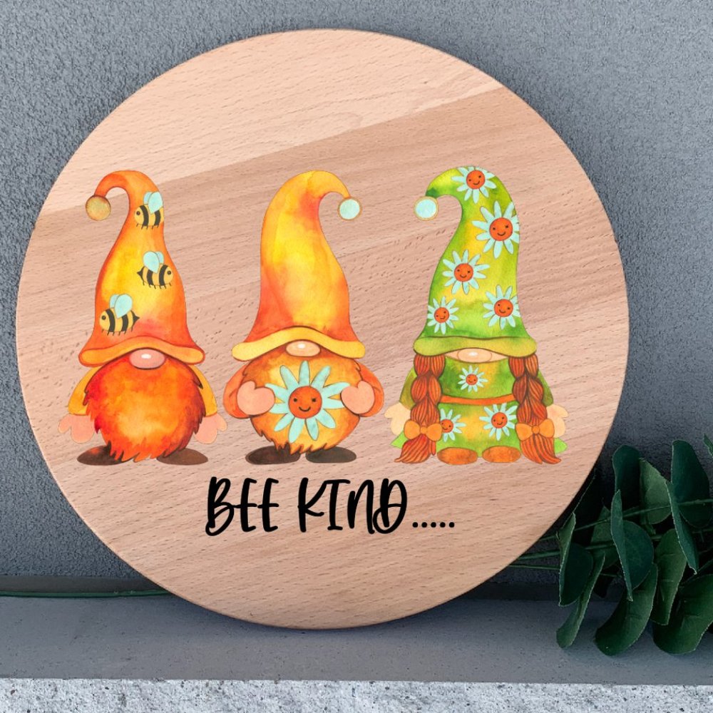 Gnome Spring Bee Kind 12"Thin Birch Wood Round Wall Art - Picture 1 of 2